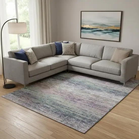 Blush Blue And Ivory Striped Washable Area Rug With UV Protection Photo 2