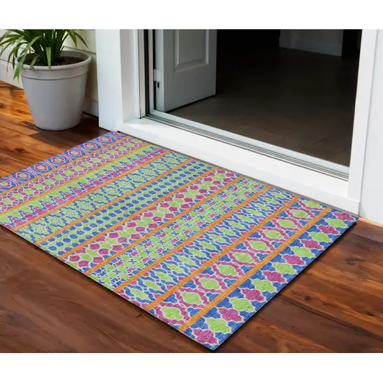 Blush Blue And Lime Green Quatrefoil Washable Indoor Outdoor Area Rug Photo 1