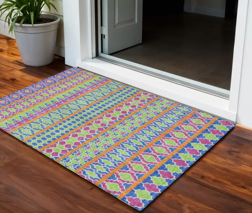 Blush Blue And Lime Green Quatrefoil Washable Indoor Outdoor Area Rug Photo 1