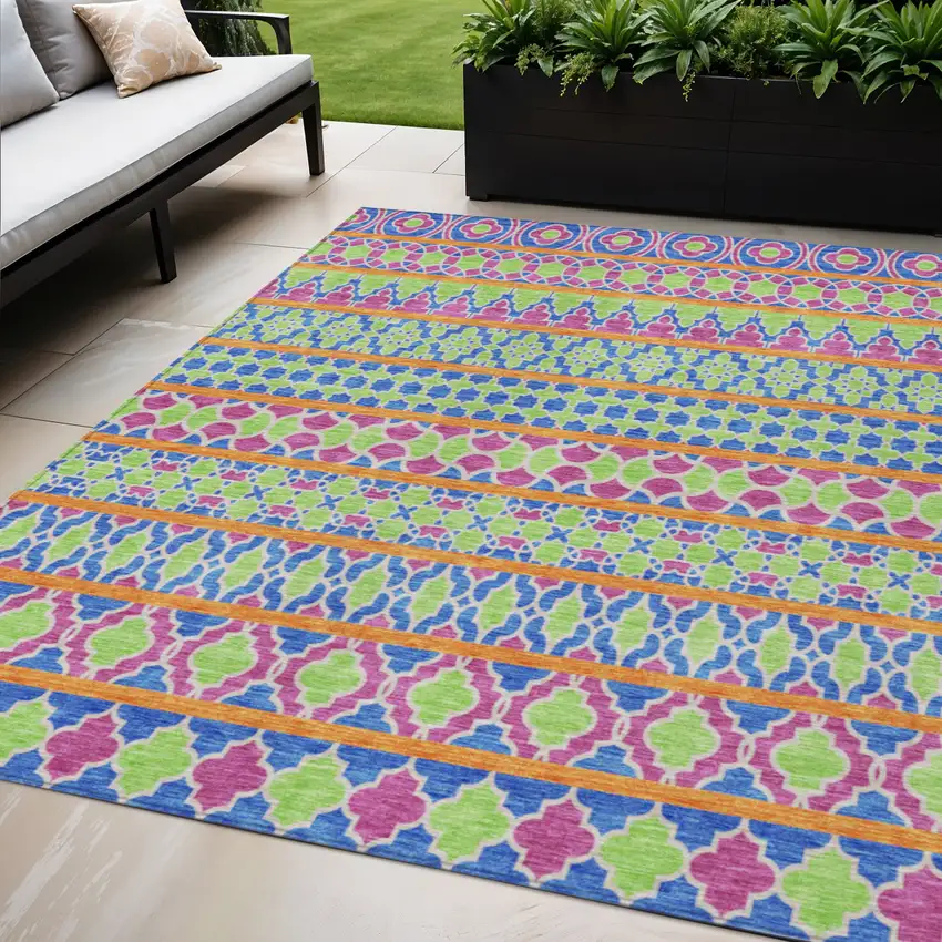 Blush Blue And Lime Green Quatrefoil Washable Indoor Outdoor Area Rug Photo 1
