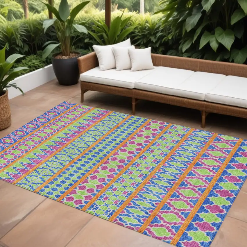 Blush Blue And Lime Green Quatrefoil Washable Indoor Outdoor Area Rug Photo 1