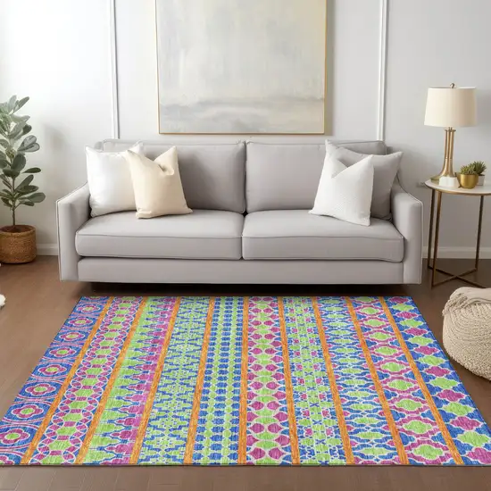 Blush Blue And Lime Green Quatrefoil Washable Indoor Outdoor Area Rug Photo 9