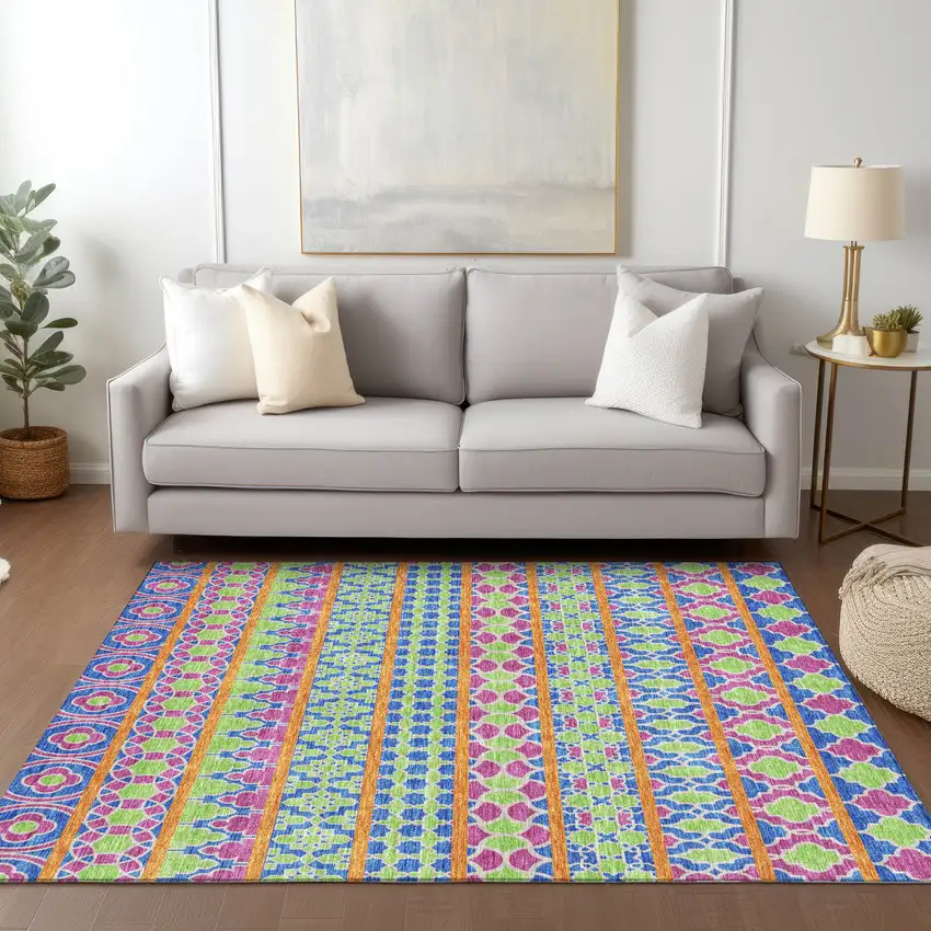Blush Blue And Lime Green Quatrefoil Washable Indoor Outdoor Area Rug Photo 9