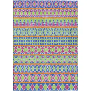 Photo of Blush Blue And Lime Green Quatrefoil Washable Indoor Outdoor Area Rug