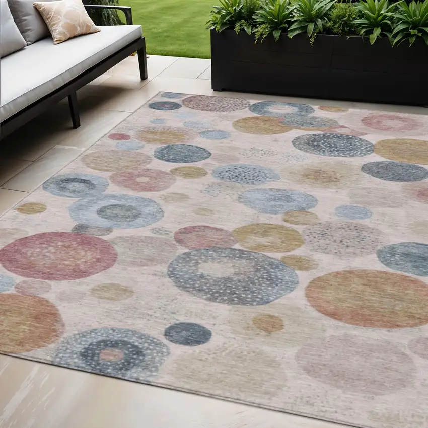 Blush Blue And Taupe Geometric Washable Indoor Outdoor Area Rug Photo 2