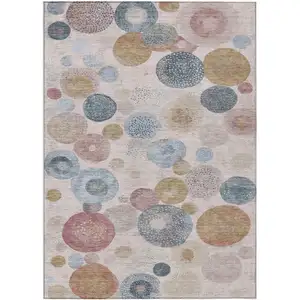 Photo of Blush Blue And Taupe Geometric Washable Indoor Outdoor Area Rug