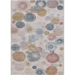 Photo of Blush Blue And Taupe Geometric Washable Indoor Outdoor Area Rug