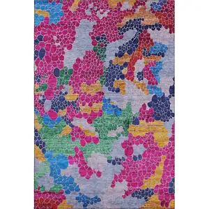 Photo of Blush Blue And Yellow Geometric Washable Area Rug With UV Protection