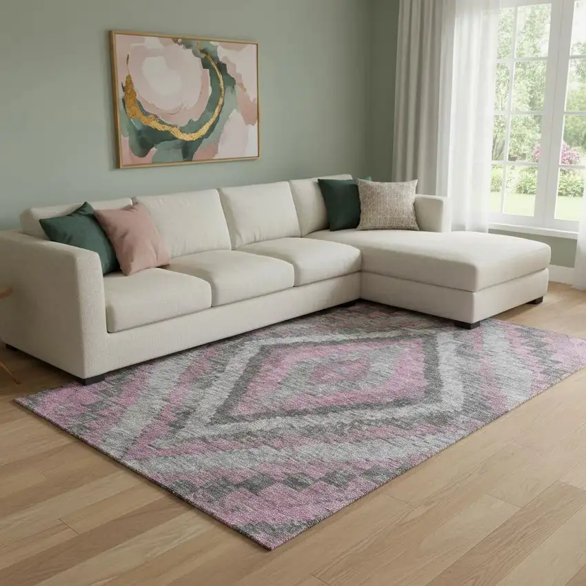 Blush Charcoal And Gray Diamond Washable Area Rug With UV Protection Photo 2