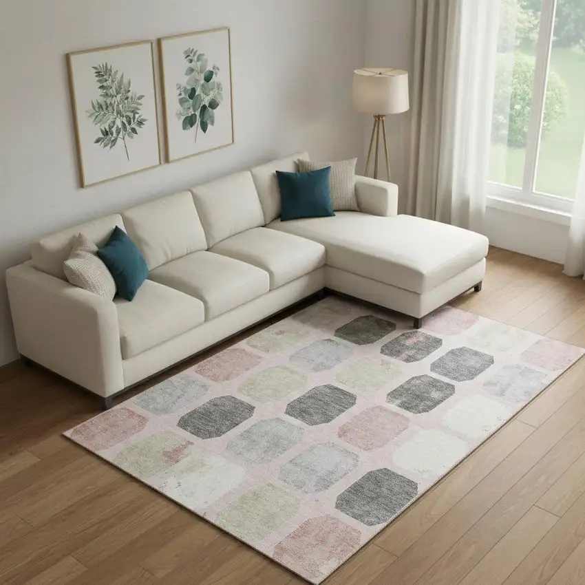 Blush Charcoal And Ivory Geometric Washable Area Rug With UV Protection Photo 2