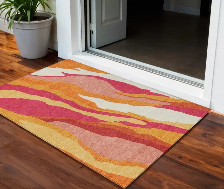 Blush Copper And Ivory Abstract Washable Indoor Outdoor Area Rug Photo 1