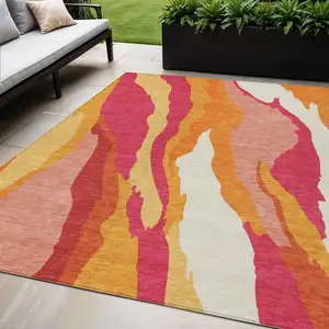 Photo of Blush Copper And Ivory Abstract Washable Indoor Outdoor Area Rug