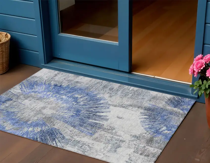 Blush Denim Blue And Navy Blue Abstract Washable Indoor Outdoor Area Rug Photo 1