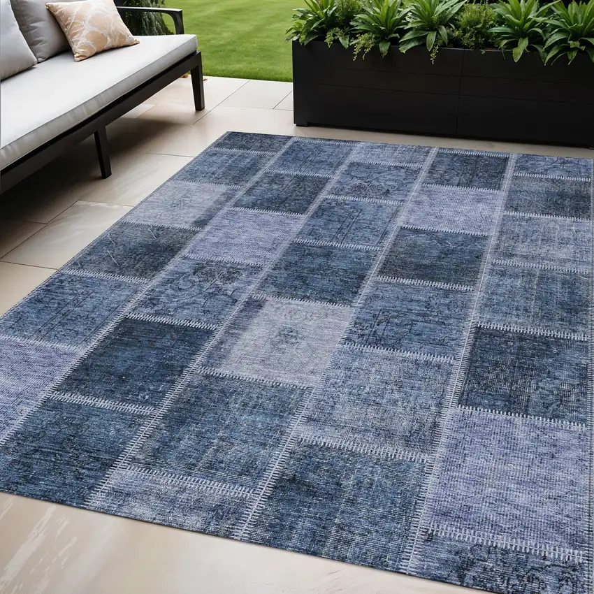 Blush Denim Blue And Sky Blue Patchwork Washable Indoor Outdoor Area Rug Photo 1