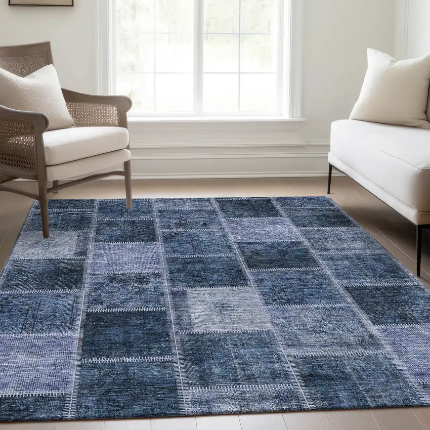 Blush Denim Blue And Sky Blue Patchwork Washable Indoor Outdoor Area Rug Photo 7