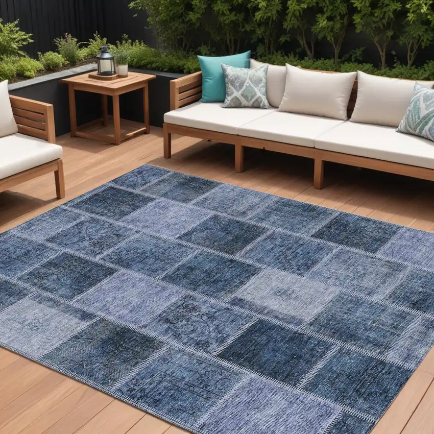 Blush Denim Blue And Sky Blue Patchwork Washable Indoor Outdoor Area Rug Photo 1