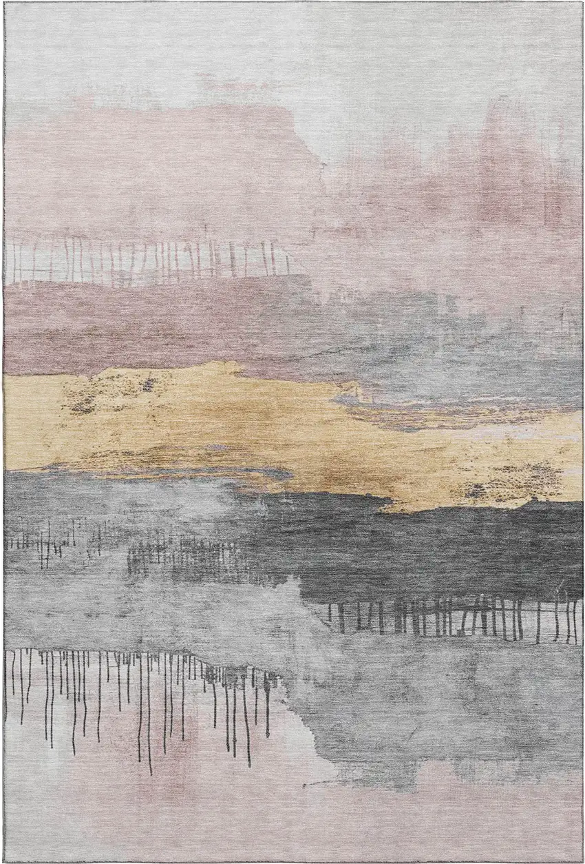 Blush Gold And Ivory Abstract Washable Area Rug With UV Protection Photo 6