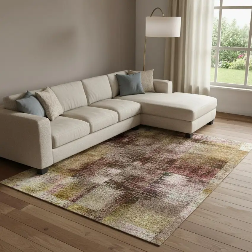 Blush Gold And Ivory Abstract Washable Area Rug With UV Protection Photo 1