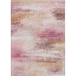Photo of Blush Gold And Ivory Abstract Washable Indoor Outdoor Area Rug