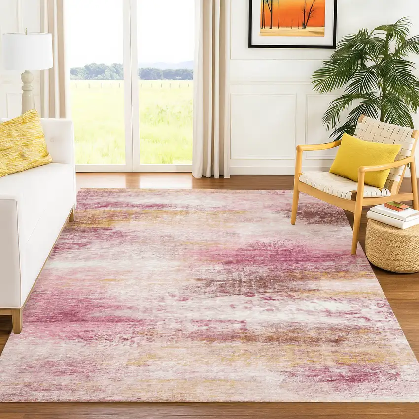 Blush Gold And Ivory Abstract Washable Indoor Outdoor Area Rug Photo 5