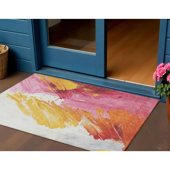 Blush Gold And Orange Abstract Washable Indoor Outdoor Area Rug Photo 2