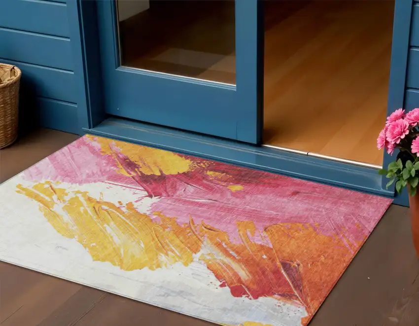 Blush Gold And Orange Abstract Washable Indoor Outdoor Area Rug Photo 2