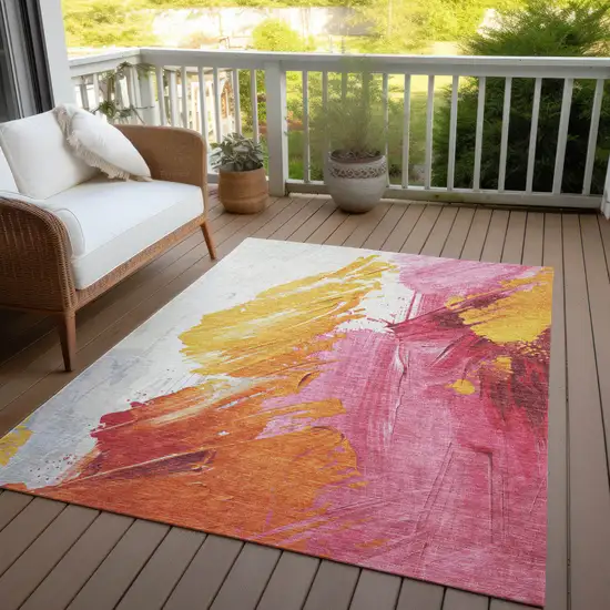 Blush Gold And Orange Abstract Washable Indoor Outdoor Area Rug Photo 5
