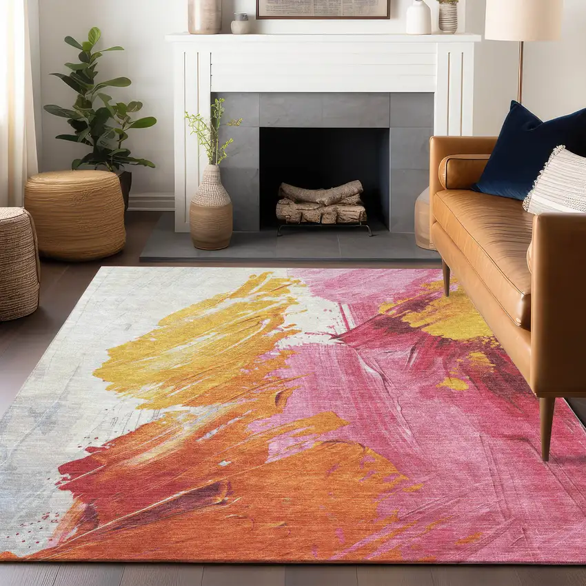 Blush Gold And Orange Abstract Washable Indoor Outdoor Area Rug Photo 6