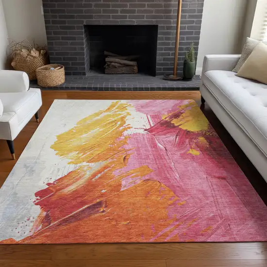 Blush Gold And Orange Abstract Washable Indoor Outdoor Area Rug Photo 7