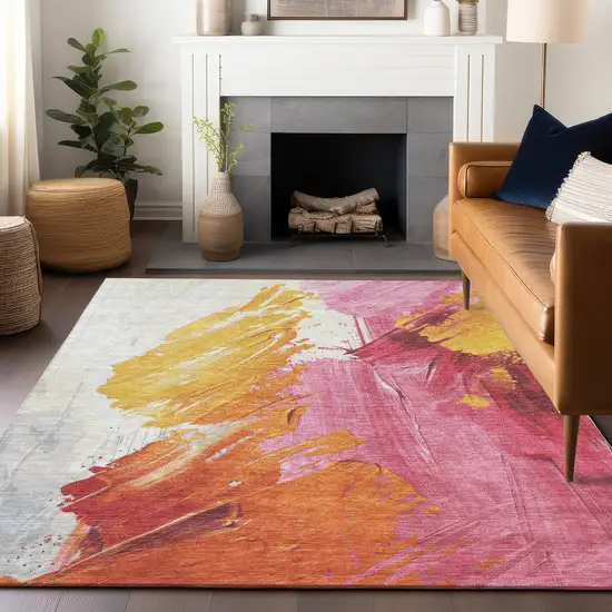 Blush Gold And Orange Abstract Washable Indoor Outdoor Area Rug Photo 6