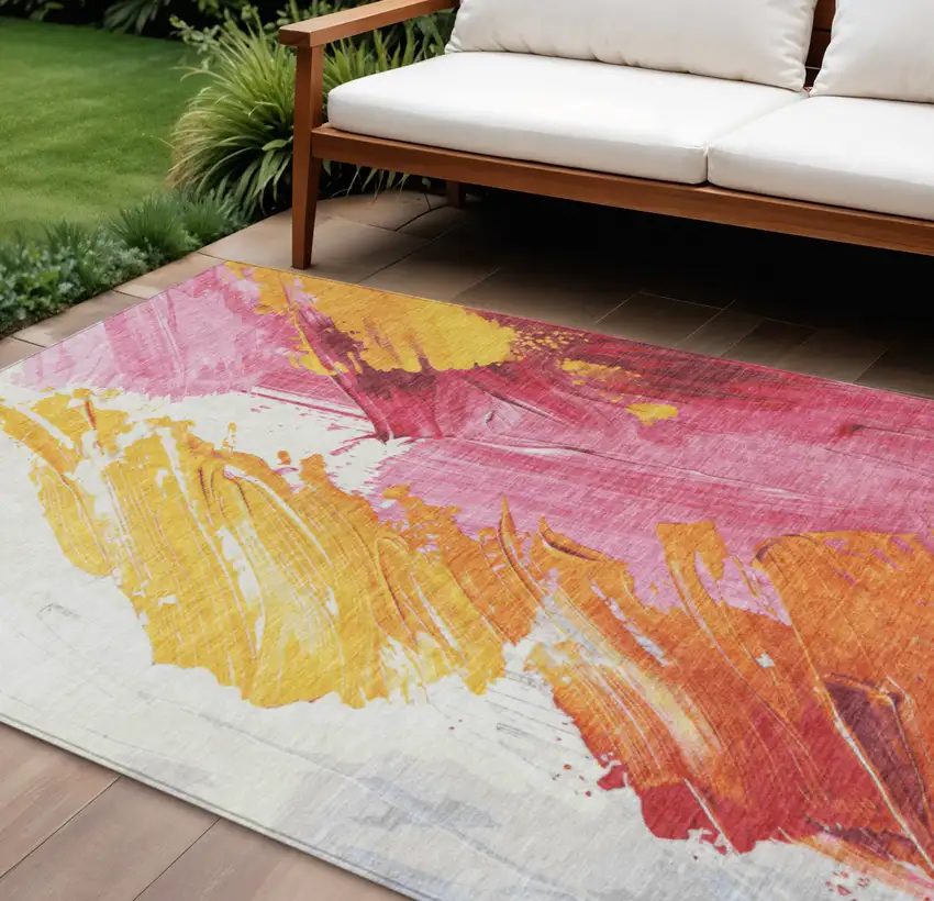 Blush Gold And Orange Abstract Washable Indoor Outdoor Area Rug Photo 2