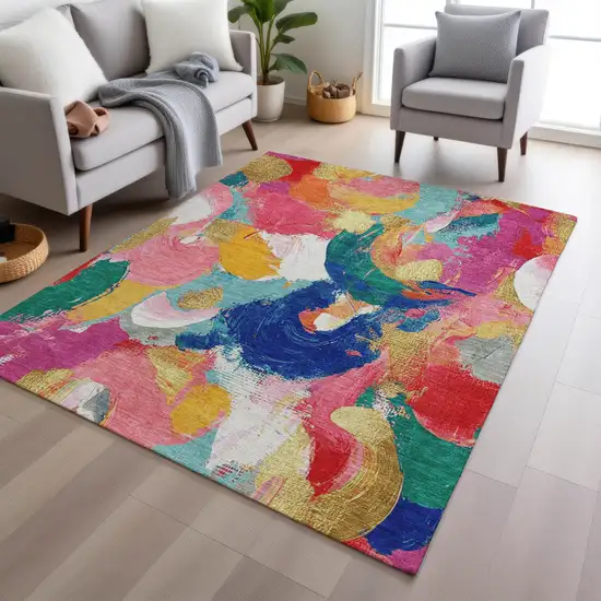 Blush Gold And Teal Blue Abstract Washable Indoor Outdoor Area Rug Photo 6