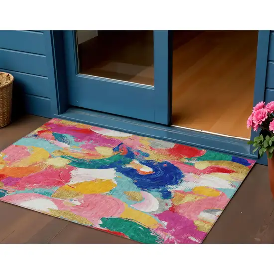 Blush Gold And Teal Blue Abstract Washable Indoor Outdoor Area Rug Photo 2