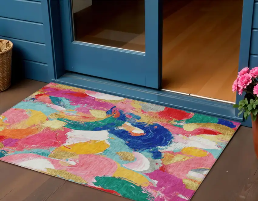 Blush Gold And Teal Blue Abstract Washable Indoor Outdoor Area Rug Photo 2