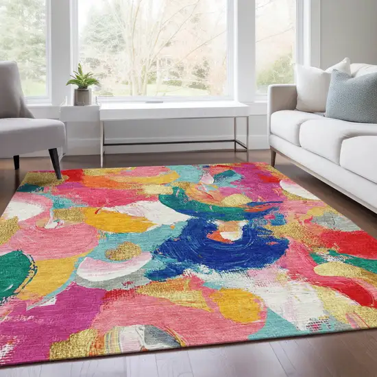 Blush Gold And Teal Blue Abstract Washable Indoor Outdoor Area Rug Photo 7