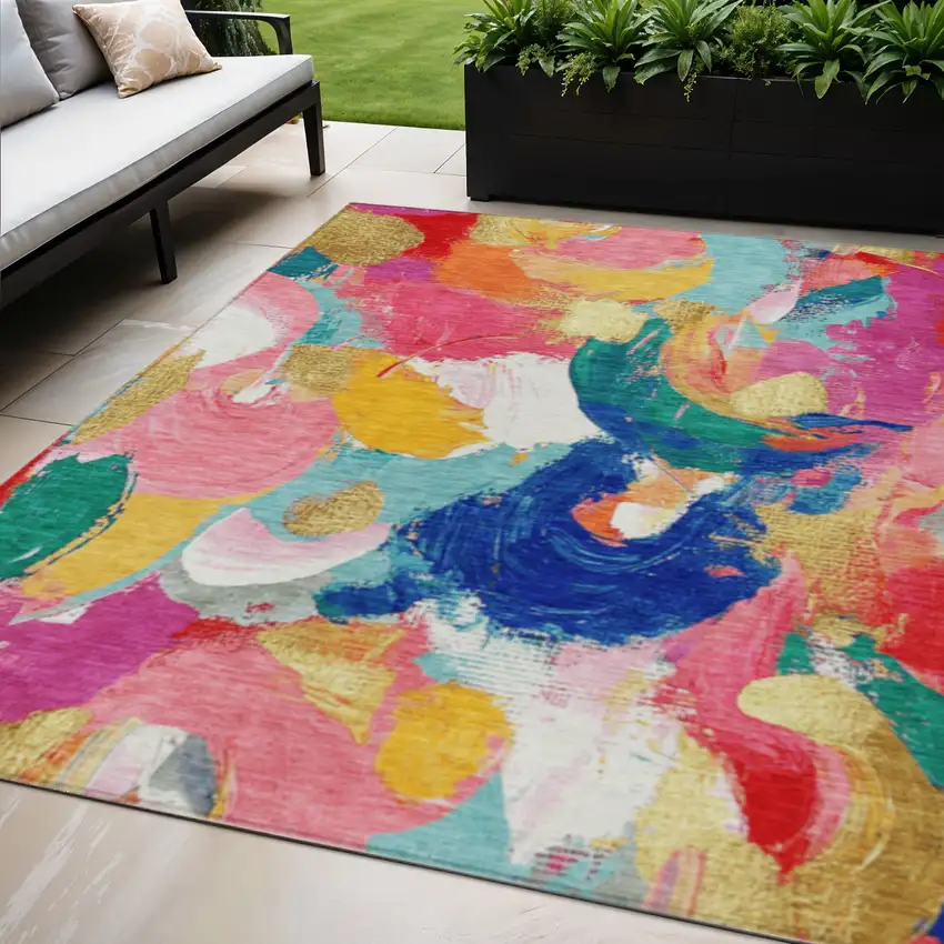 Blush Gold And Teal Blue Abstract Washable Indoor Outdoor Area Rug Photo 2