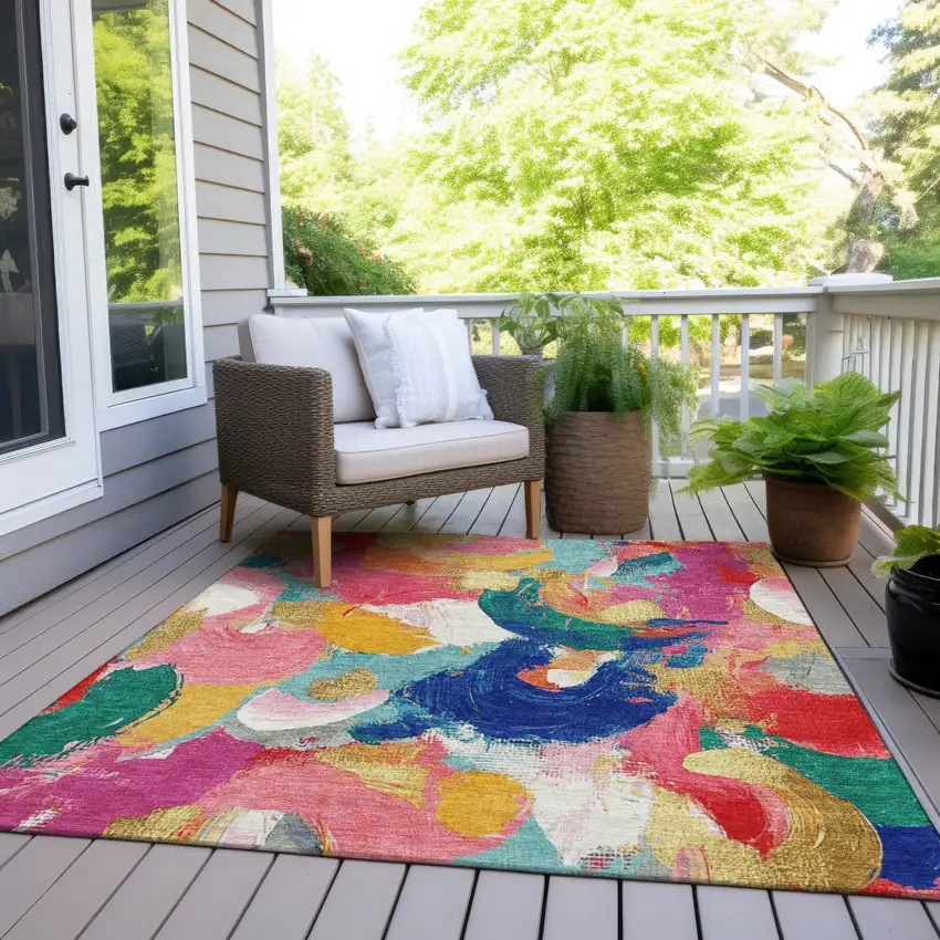 Blush Gold And Teal Blue Abstract Washable Indoor Outdoor Area Rug Photo 8