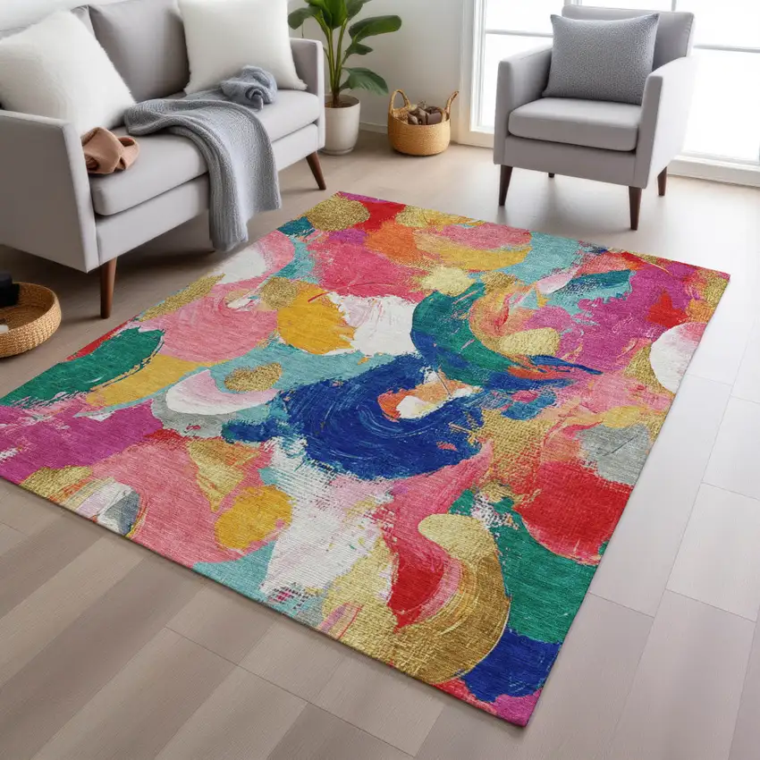 Blush Gold And Teal Blue Abstract Washable Indoor Outdoor Area Rug Photo 6