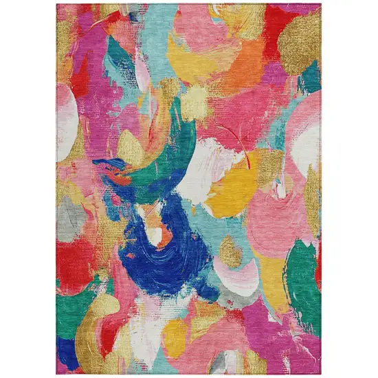 Blush Gold And Teal Blue Abstract Washable Indoor Outdoor Area Rug Photo 3