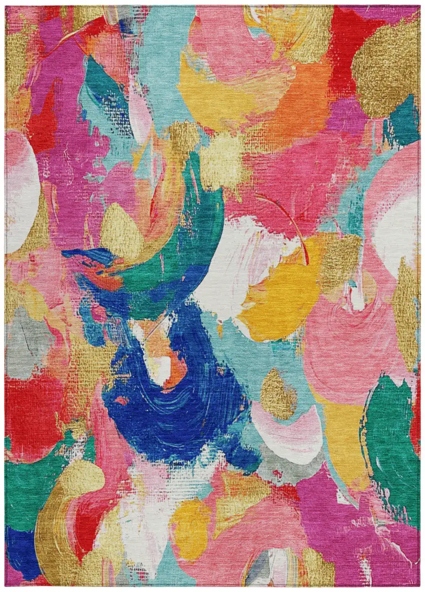 Blush Gold And Teal Blue Abstract Washable Indoor Outdoor Area Rug Photo 3