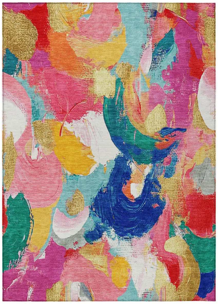 Blush Gold And Teal Blue Abstract Washable Indoor Outdoor Area Rug Photo 1