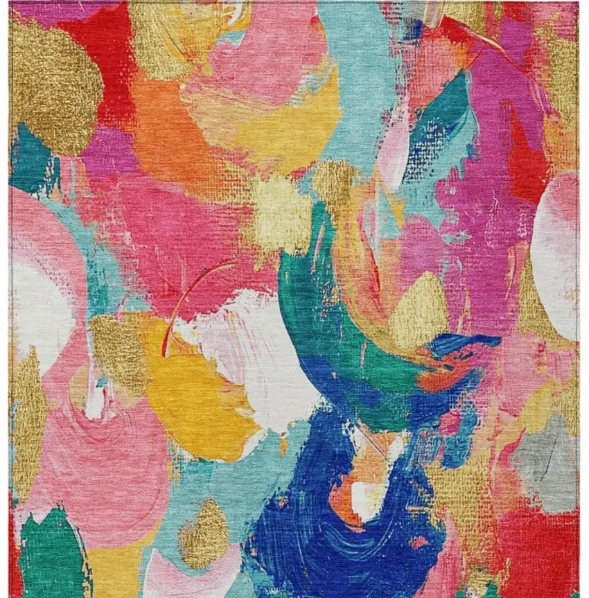 Blush Gold And Teal Blue Abstract Washable Indoor Outdoor Area Rug Photo 4