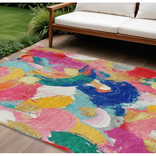 Blush Gold And Teal Blue Abstract Washable Indoor Outdoor Area Rug Photo 2
