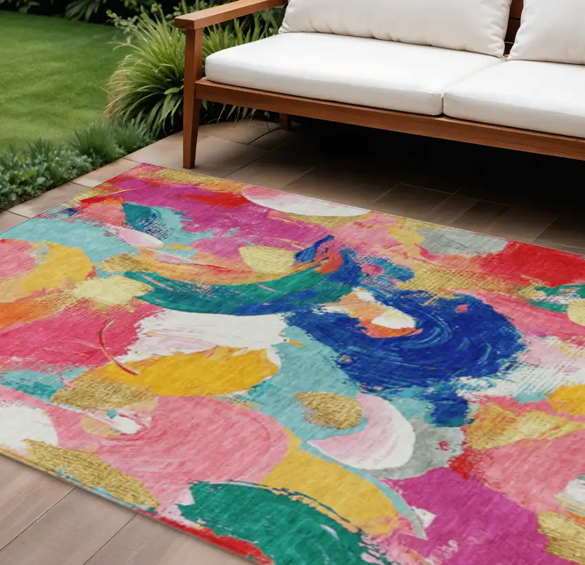 Blush Gold And Teal Blue Abstract Washable Indoor Outdoor Area Rug Photo 2