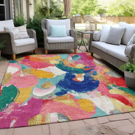 Blush Gold And Teal Blue Abstract Washable Indoor Outdoor Area Rug Photo 5