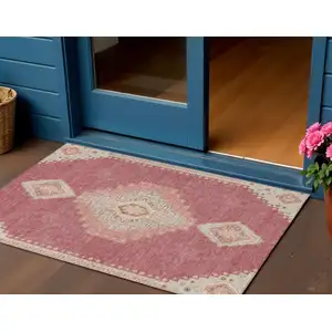 Photo of Blush Gray And Beige Oriental Washable Indoor Outdoor Area Rug