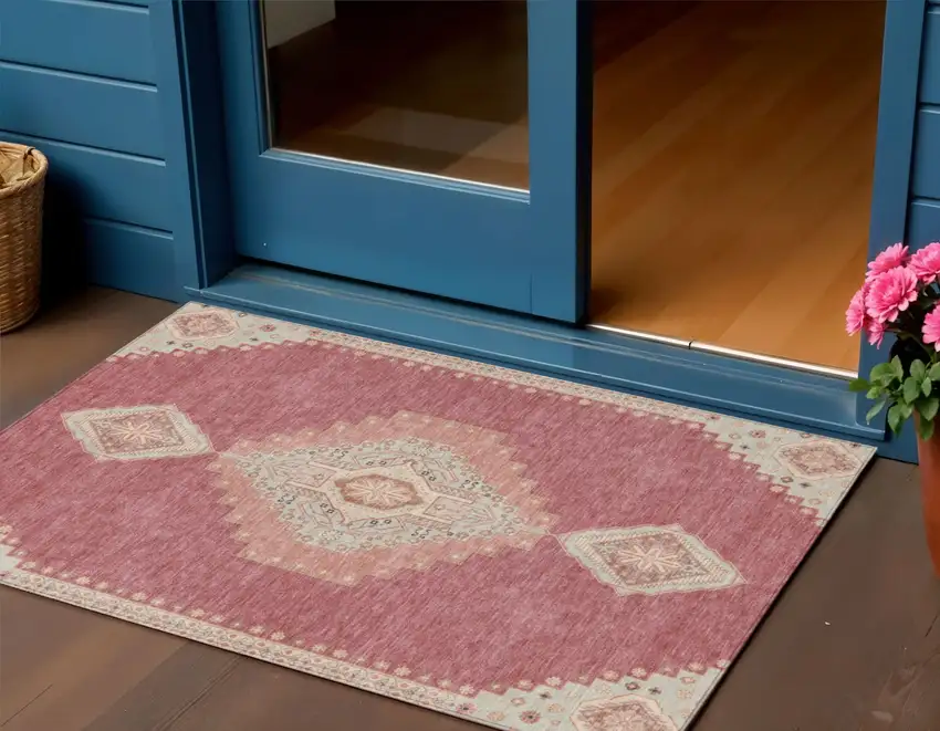 Blush Gray And Beige Oriental Washable Indoor Outdoor Area Rug Photo 1