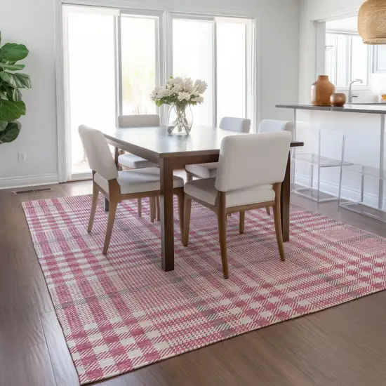 Blush Gray And Ivory Plaid Washable Indoor Outdoor Area Rug Photo 9