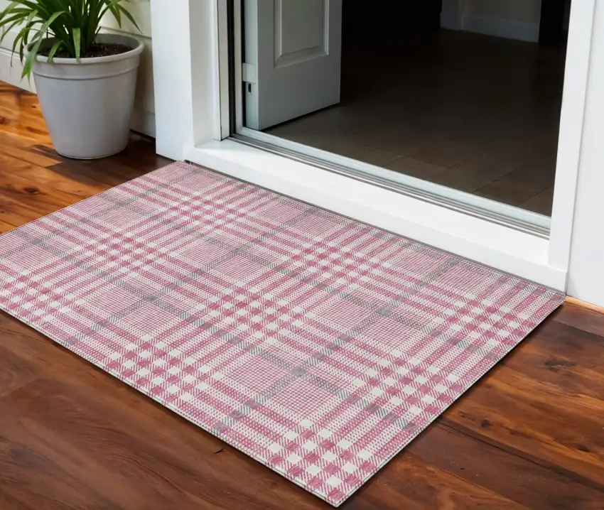 Blush Gray And Ivory Plaid Washable Indoor Outdoor Area Rug Photo 1