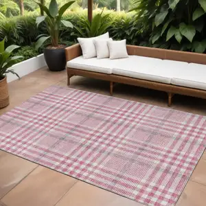 Photo of Blush Gray And Ivory Plaid Washable Indoor Outdoor Area Rug